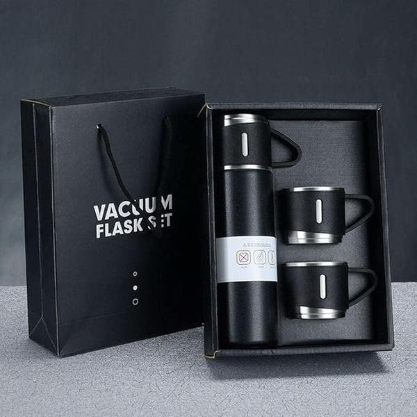 Steel Vacuum Flask Set with 3 Steel Cups – Premium Travel & Home Combo