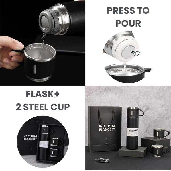 Steel Vacuum Flask Set with 3 Steel Cups – Premium Travel & Home Combo