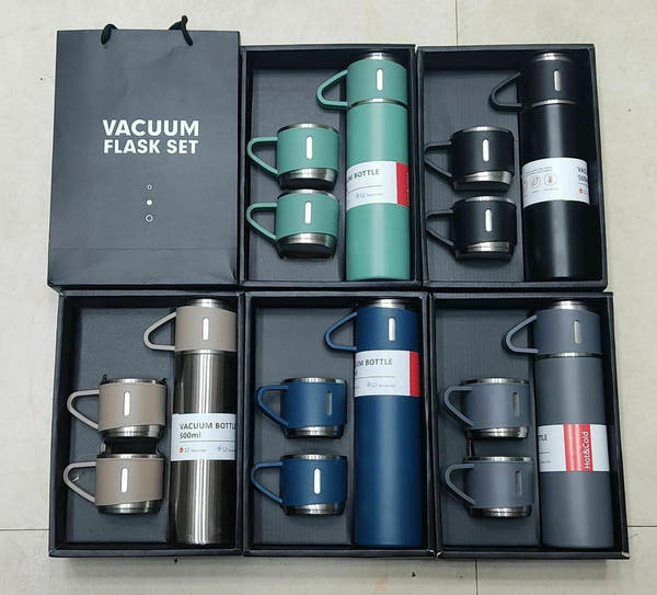 Steel Vacuum Flask Set with 3 Steel Cups – Premium Travel & Home Combo