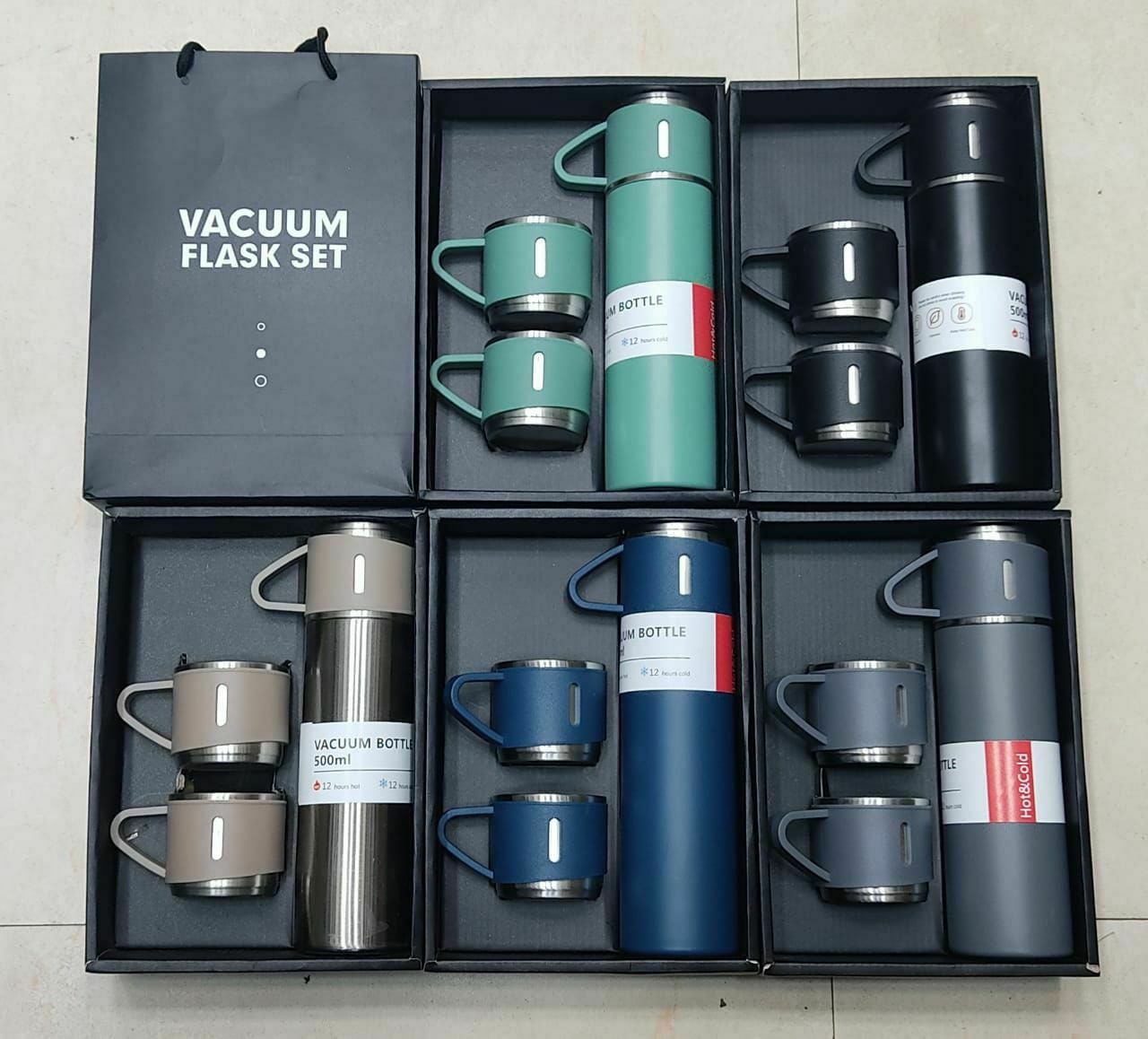 Steel Vacuum Flask Set with 3 Steel Cups – Premium Travel & Home Combo
